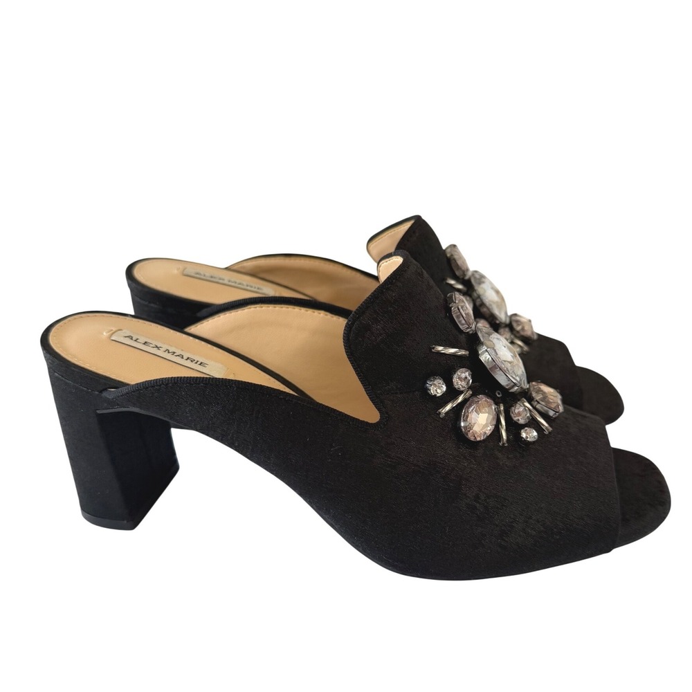 Alex Marie Womens Black Jeweled Block Heel Mules Satin Open Toe Slides Size 8M